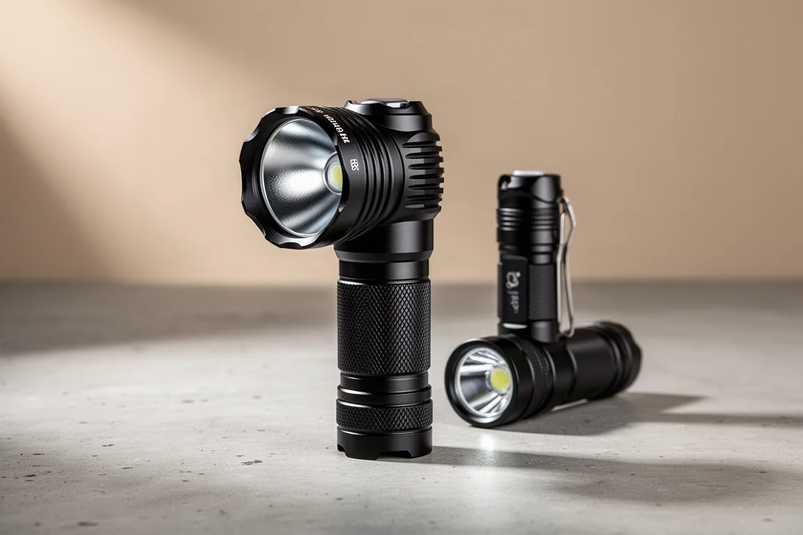 Compact black spotlight flashlight with deep reflector beside a smaller flood-style flashlight on concrete