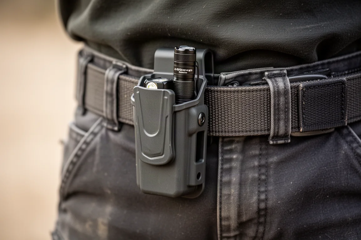 Linterna en una funda de plástico en un cinturón de trabajo