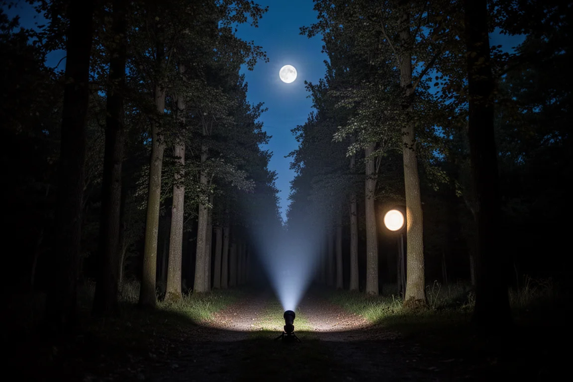 Haz estrecho de linterna recorriendo un sendero oscuro bordeado de árboles