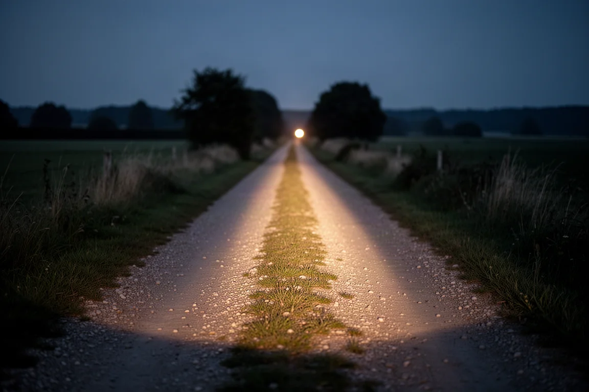 Person walking a dark path at night lit by a narrow flashlight beam