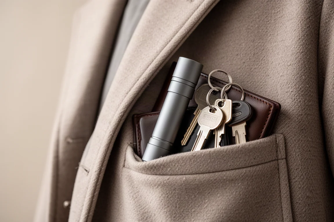 Flat pocket flashlight resting in a coat pocket, partially visible