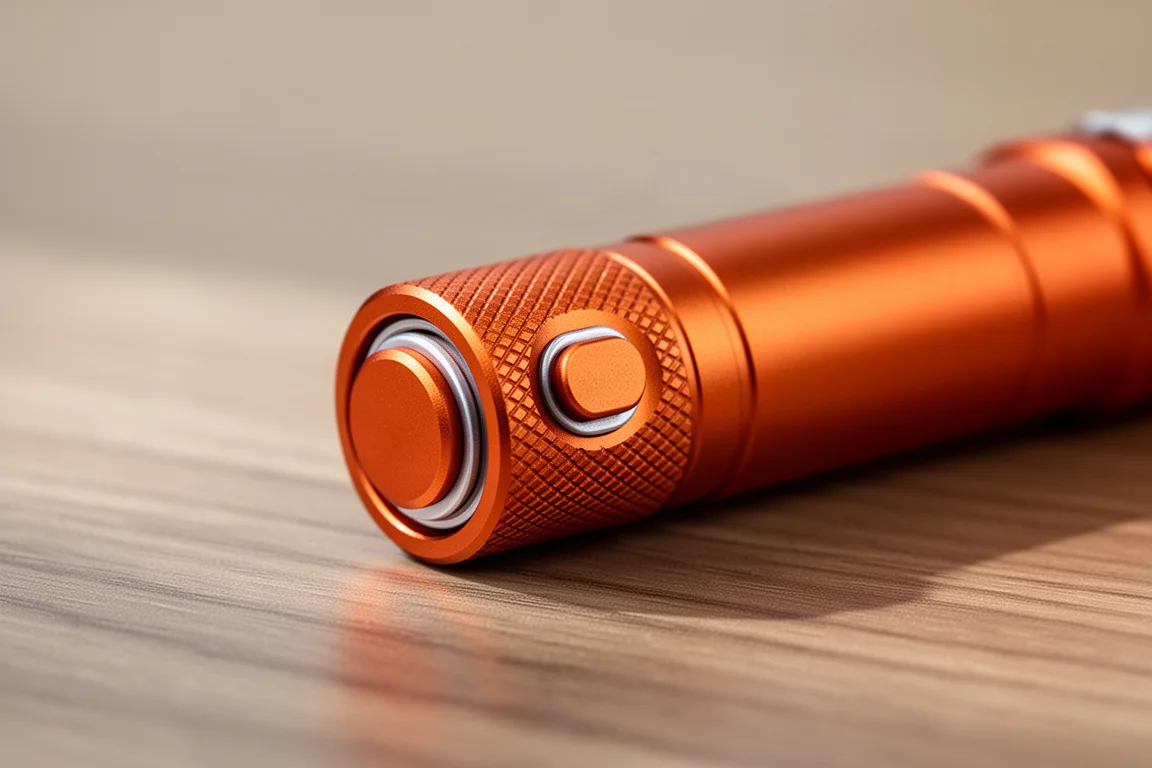 Close-up of a flashlight tail switch showing a momentary press