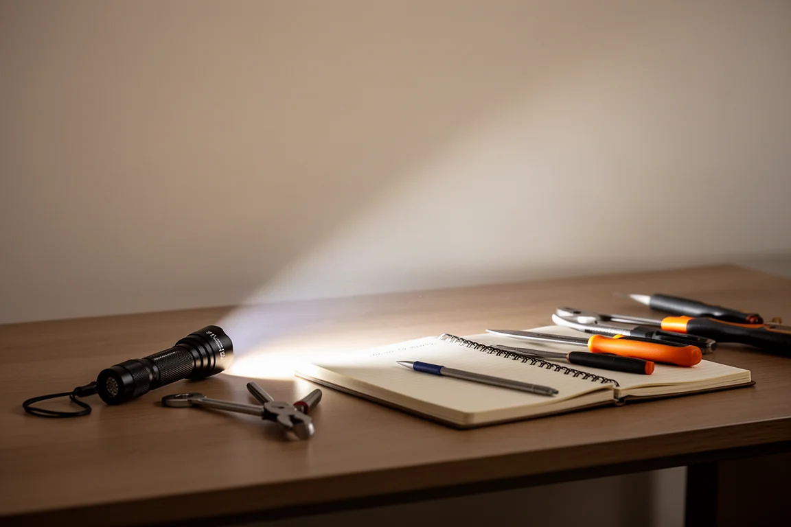 Flashlight beam flooding a nearby table surface in soft warm light