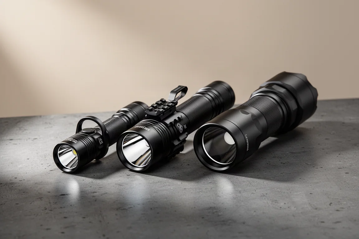 Three tactical flashlights of increasing size on a dark concrete surface