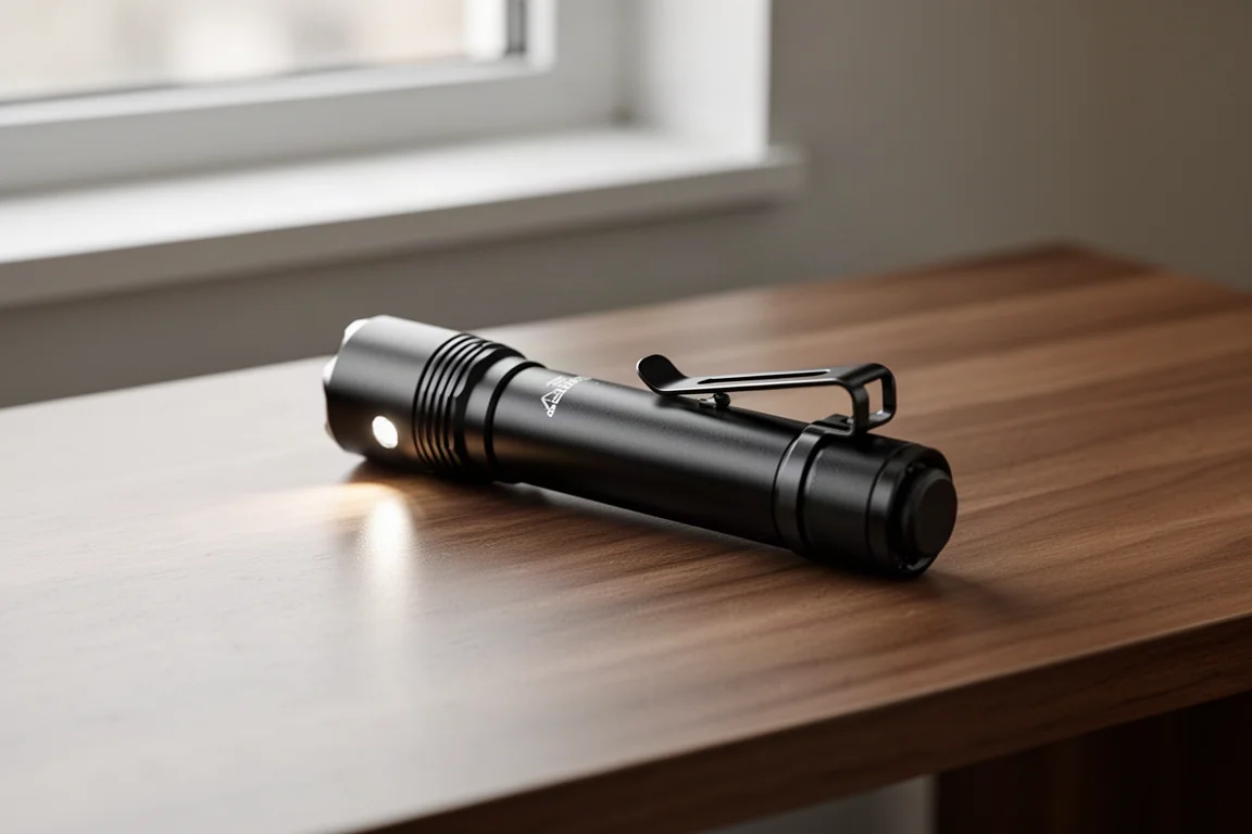 Zwarte tactische zaklamp met zakclip liggend op een geborsteld houten bureau