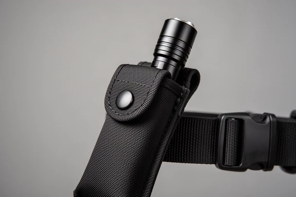 Zaklamp opgeborgen in een katoenen hoes die aan een riem is geklemd