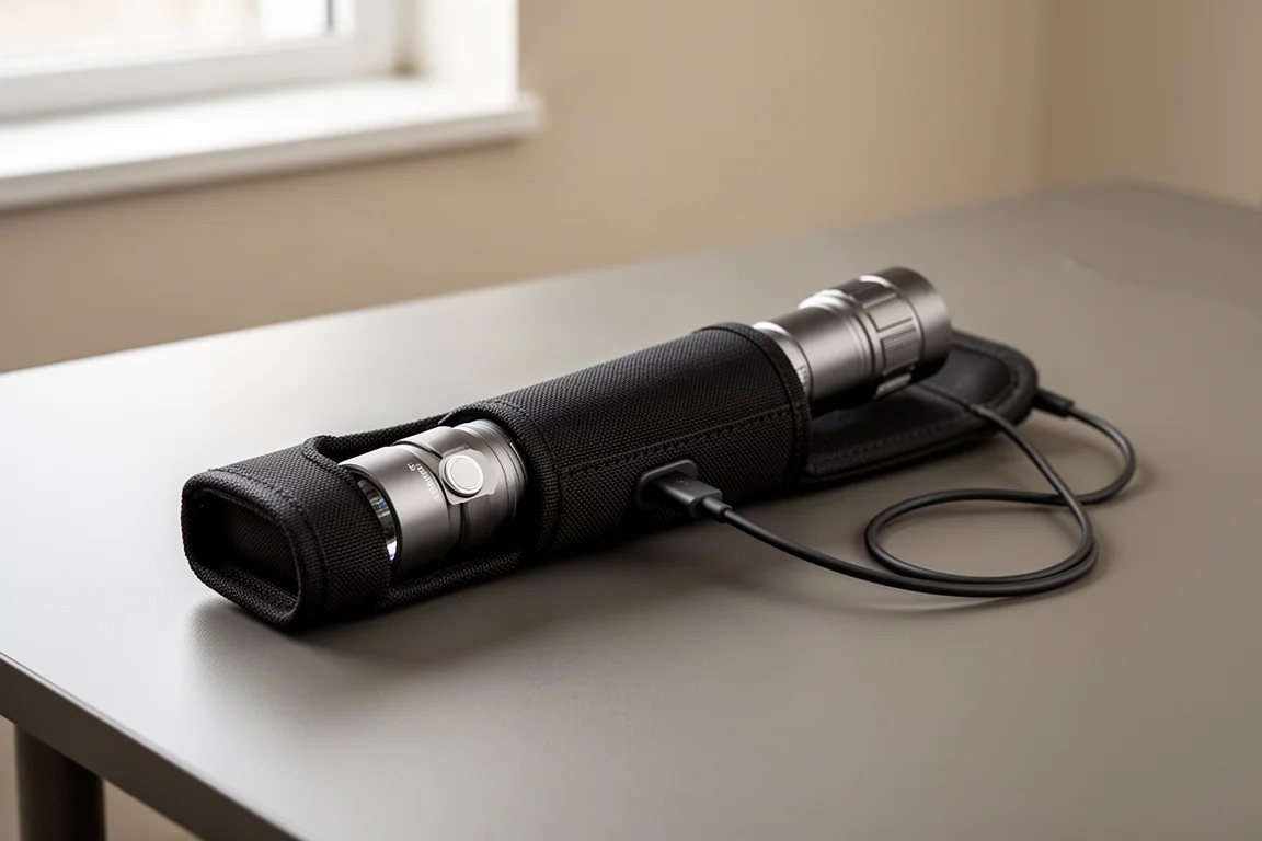 Zaklamp in een oplaadhoes verbonden met een USB-kabel op een bureau