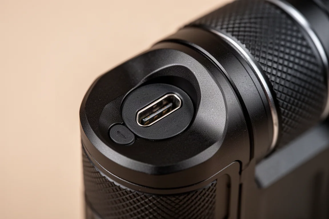 Close-up de uma porta de carregamento USB-C no corpo de uma lanterna preta
