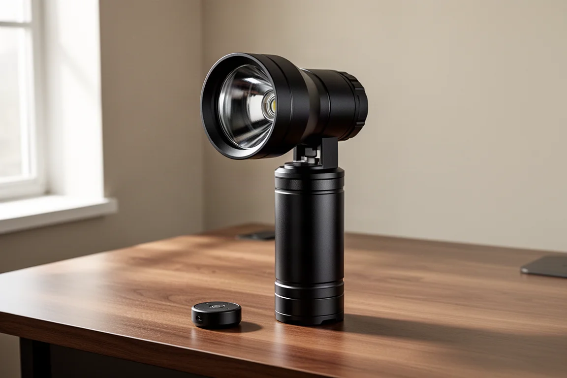 Large black searchlight flashlight standing on a wooden desk beside a small remote puck