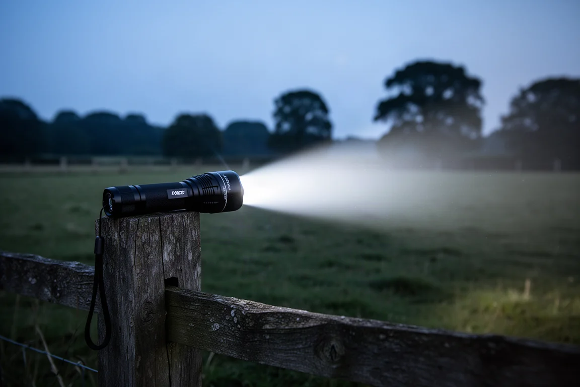 Torcia a lungo raggio che proietta un fascio luminoso e focalizzato su un campo aperto di notte