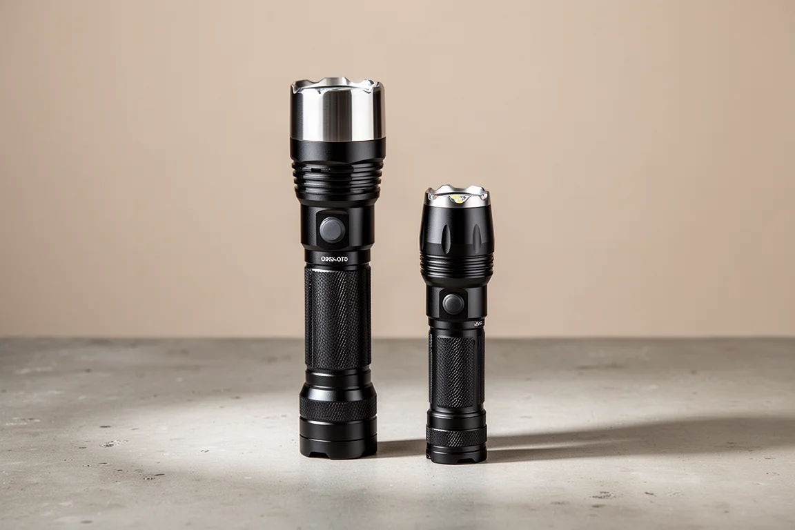 Olight Javelot 與 Javelot Mini 手電筒並排立於水泥地上