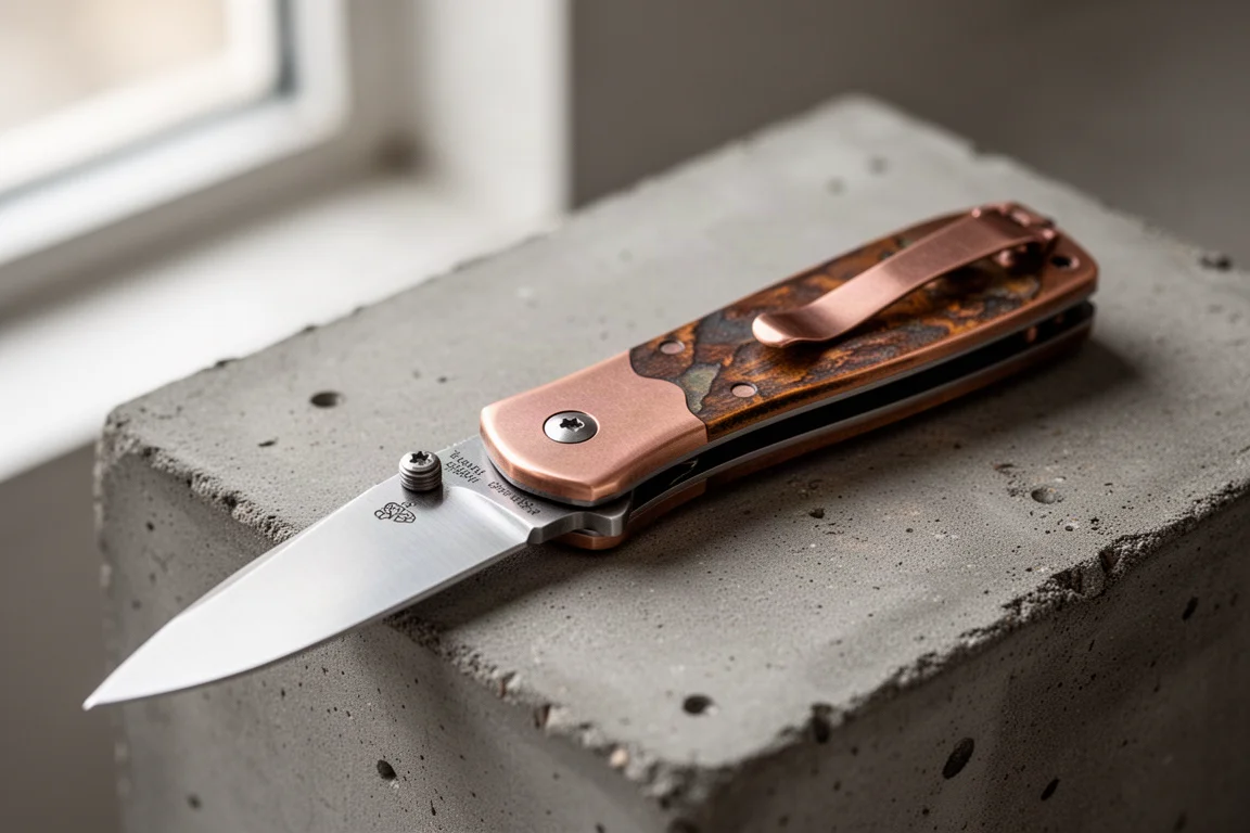 Cuchillo plegable con mango de cobre mostrando variación de pátina cerca del clip de bolsillo