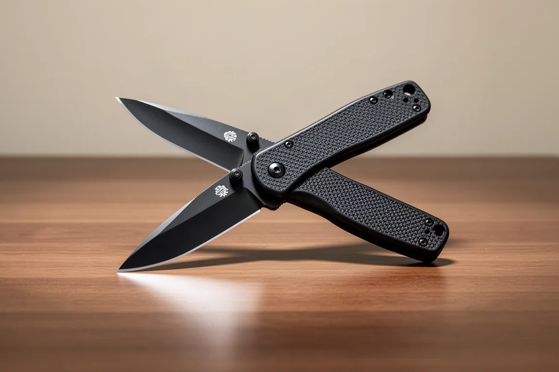 Cuchillo plegable negro con mango texturizado a mitad del despliegue sobre un escritorio de madera