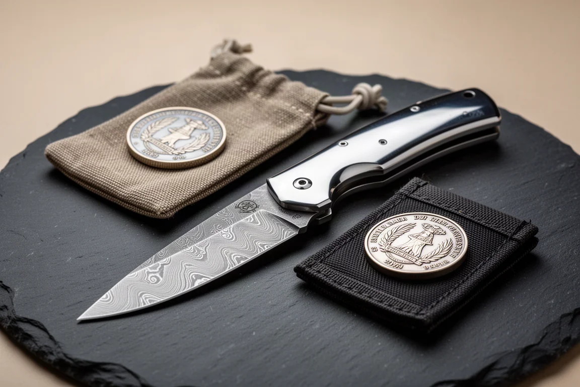 Cuchillo plegable estilo cleaver en Damasco junto a una bolsita con moneda conmemorativa