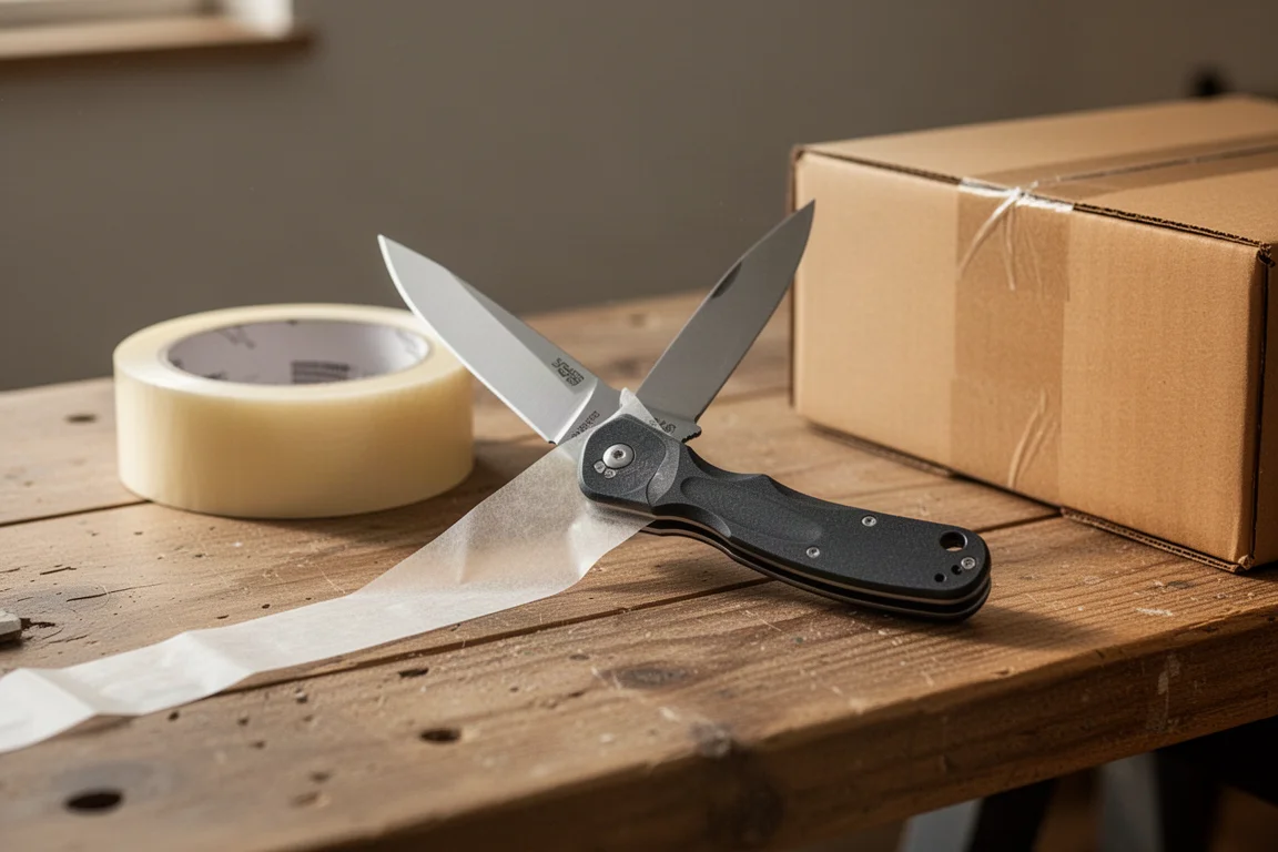 Un couteau de poche pliant ouvert sur un plan de travail d'atelier à côté de ruban d'emballage et de carton