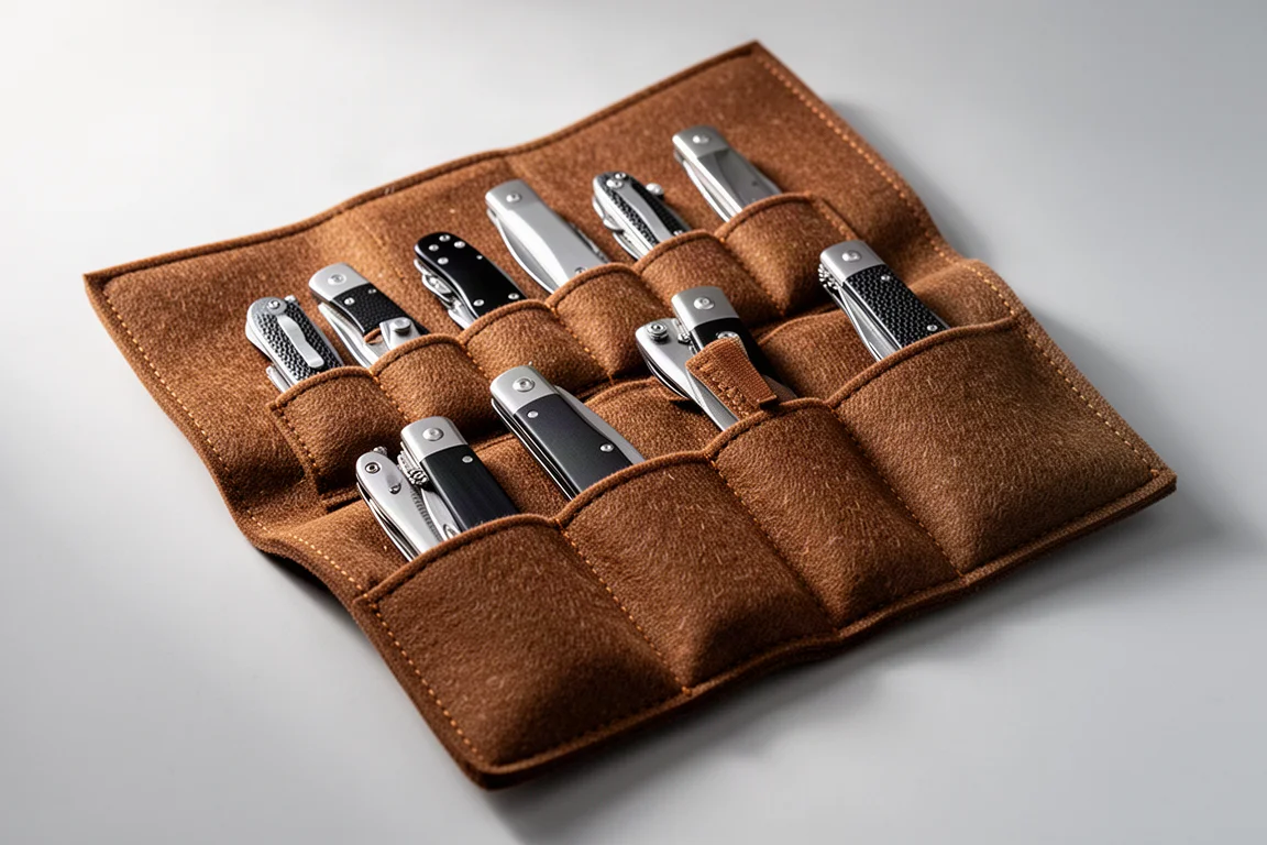 Trousse à couteaux ouverte avec pochettes souples en feutre contenant plusieurs couteaux pliants