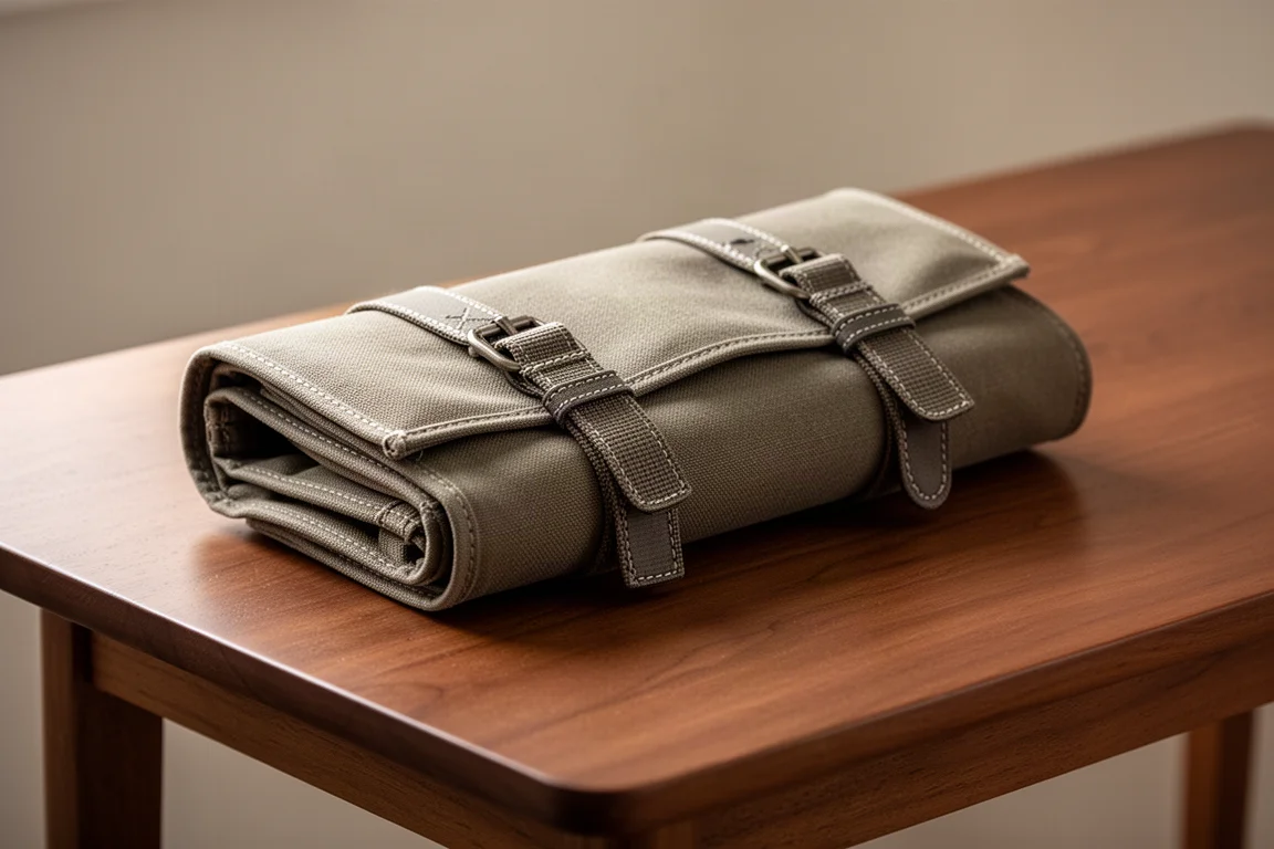 Trousse à couteaux pliée et sanglée, prête au transport, posée sur une table