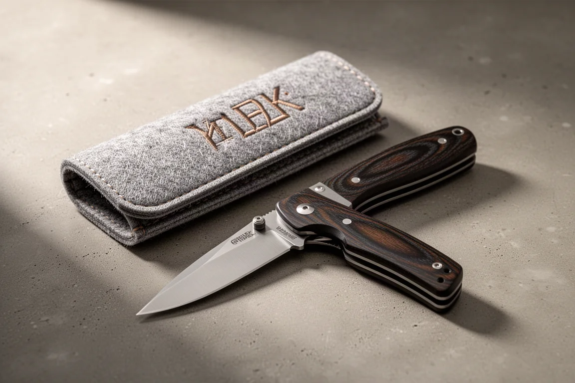 Open folding knife beside a felt knife roll on a concrete surface