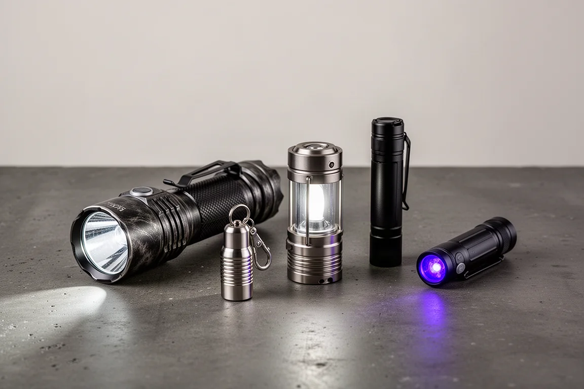 Cinque torce Olight in titanio e nere disposte su una superficie di cemento scuro