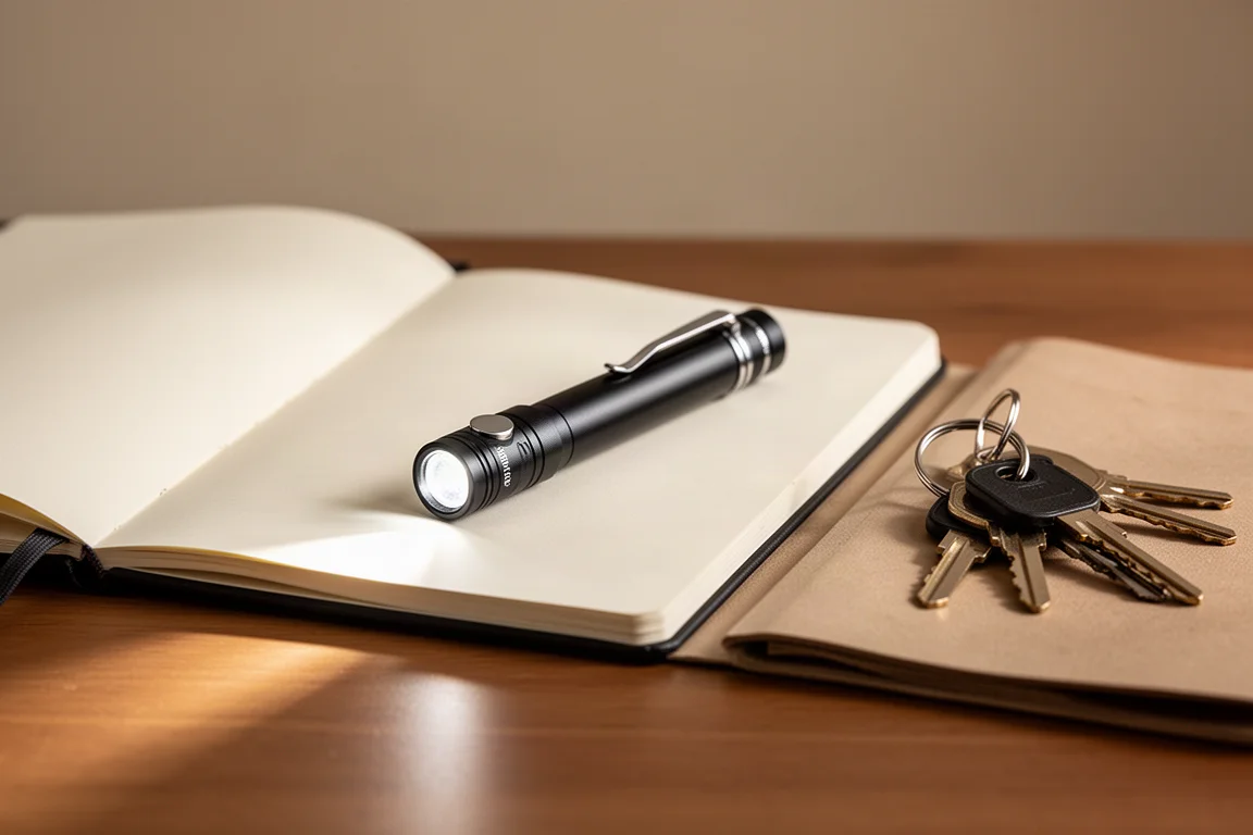 Penlight sottile appoggiata su un quaderno accanto a delle chiavi su una scrivania di legno