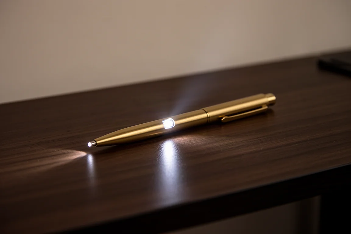 Penna in ottone che proietta un fascio di luce su una superficie di scrivania buia