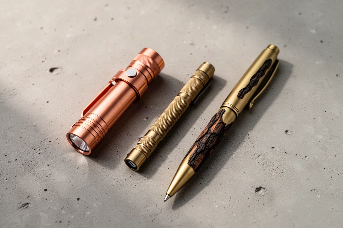 Composizione di torcia in rame, penlight e penna in ottone su una superficie neutra