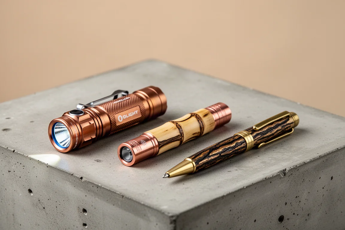 Copper flashlight, bamboo penlight, and brass bark pen arranged on concrete