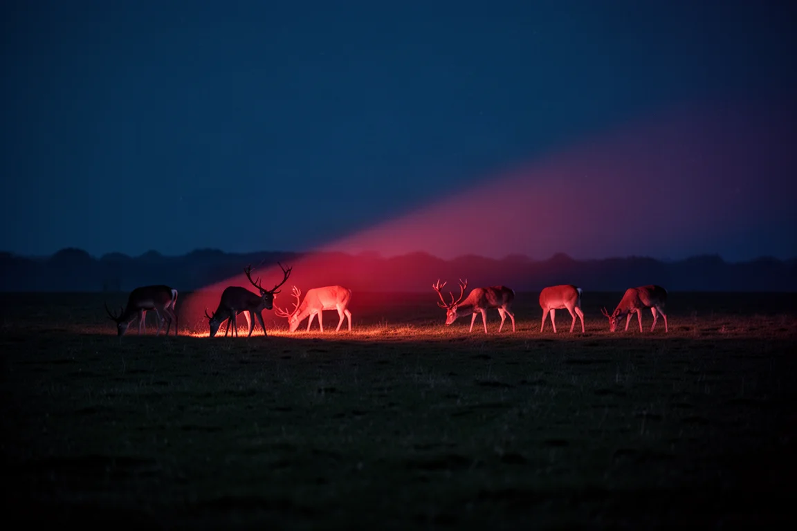 Fascio rosso di una torcia che illumina cervi al pascolo in un campo buio