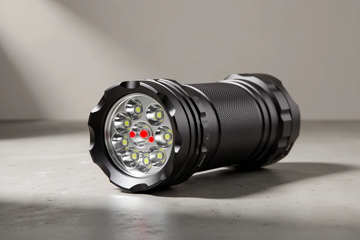 Latarka Olight Marauder Mini 2 z wielodiodowym przodem leżąca na betonowej powierzchni