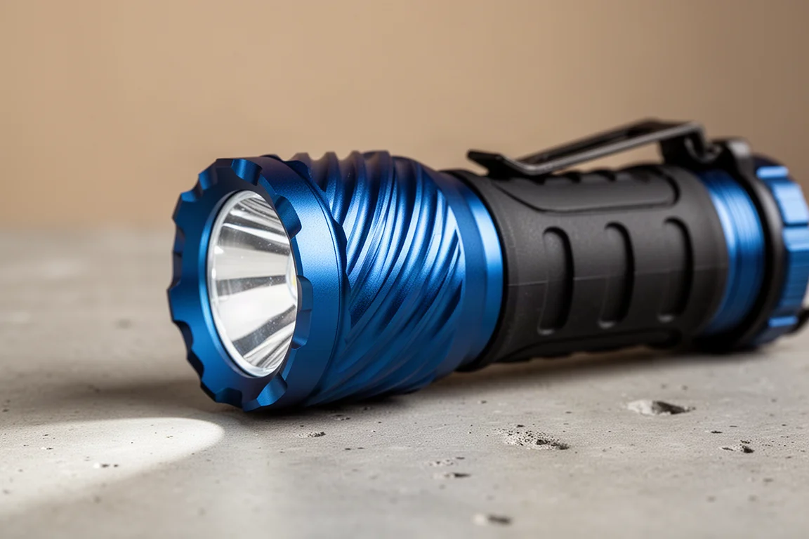 Krachtige zaklamp op een houten bureau naast een batterij ter groottevergelijking