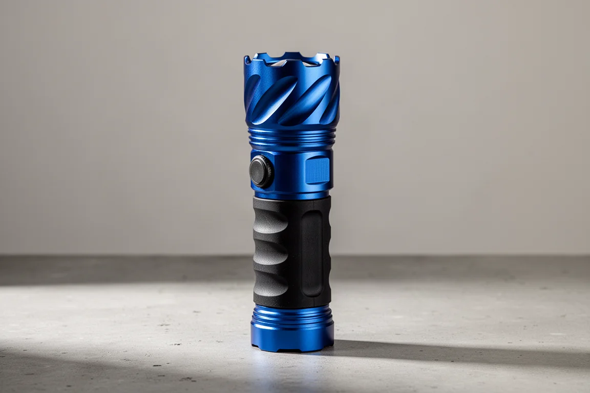 Blue aluminum flashlight with rubber grip and crenellated bezel standing on concrete