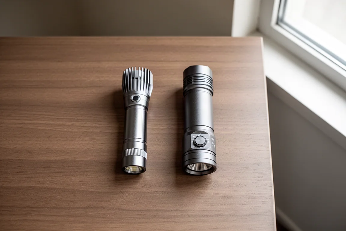 Twee zaklampen van verschillende grootte liggen naast elkaar op een houten tafel