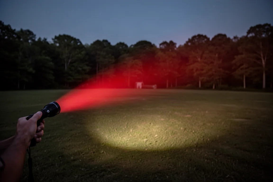 Zaklamp projecteert 's nachts een brede rode bundel over een grasveld