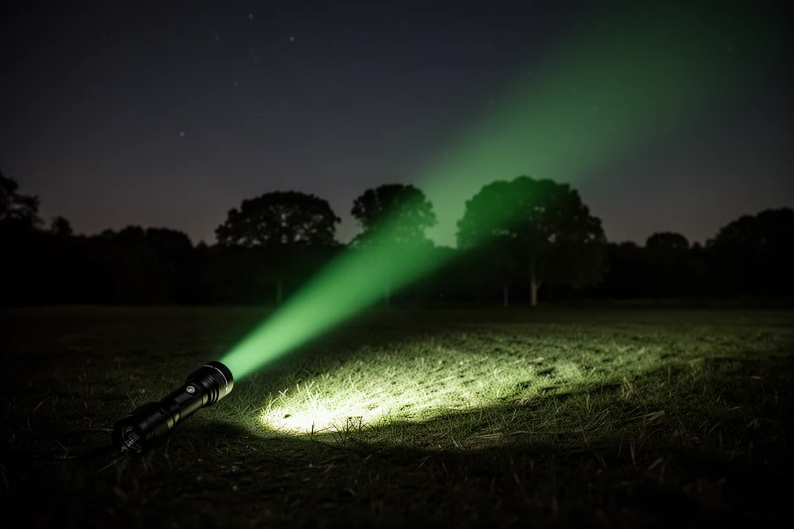 Zaklamp werpt 's nachts een intense groene bundel die verre bomen bereikt