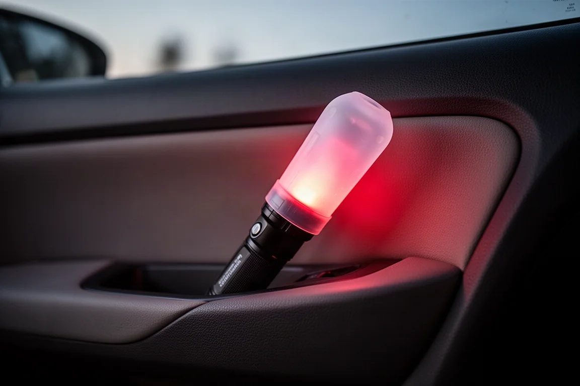 Zaklamp met siliconen verkeerswand glimt zachtjes in een auto