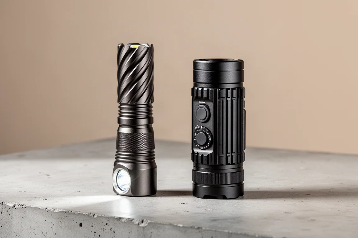 Torce Olight Marauder Mini e Olight Freyr affiancate su cemento