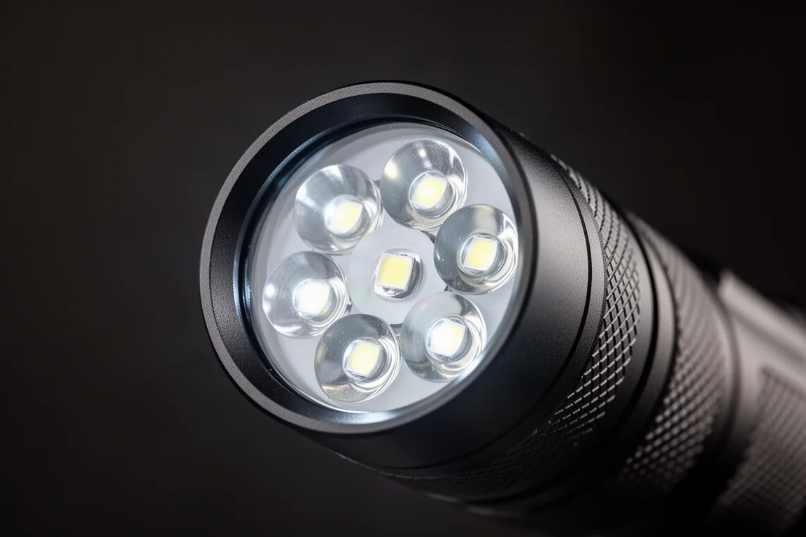 Närbild på ficklampans huvud som visar en upplyst LED-matris