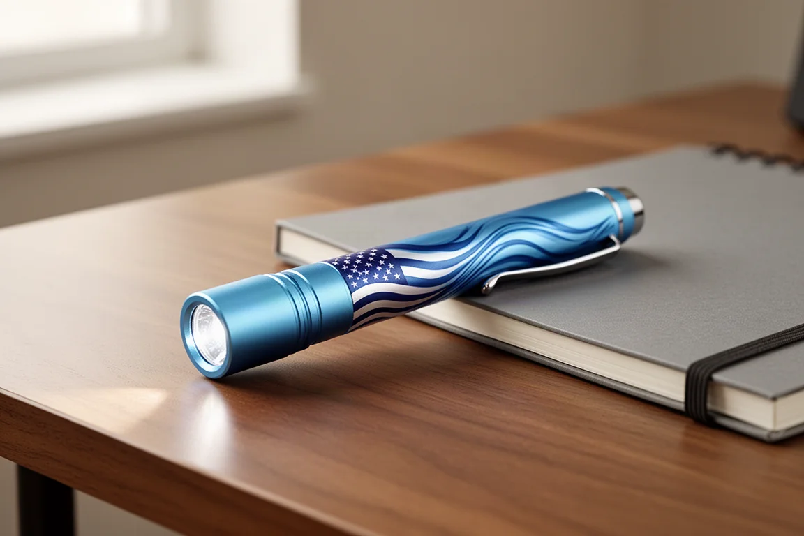 Slanke zaklamp in penvorm met hemelsblauwe behuizing met vlagpatroon op een houten bureau