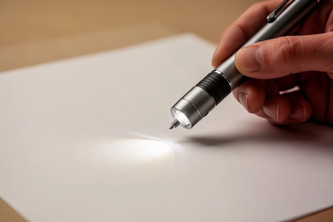 Close-up van de puntservice aan de voorkant van een penlamp die een schrijfoppervlak verlicht