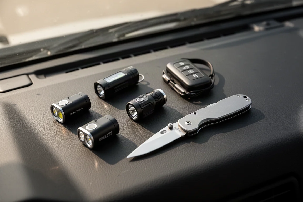 Verzameling EDC-lampen en een zakmes op een autodashboard