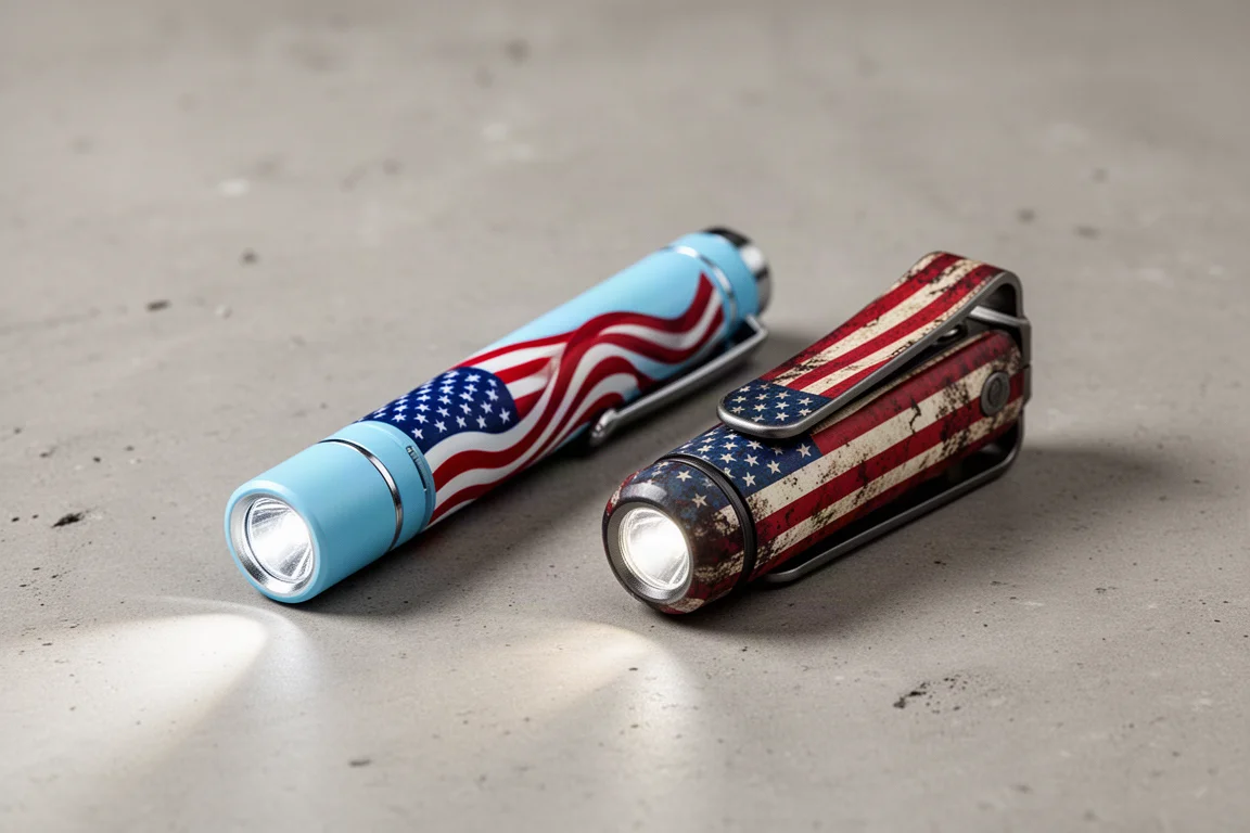 Olight Pen 3 Penlight und Oclip Pro S Clip-Leuchte mit Flaggenmotiven auf Beton