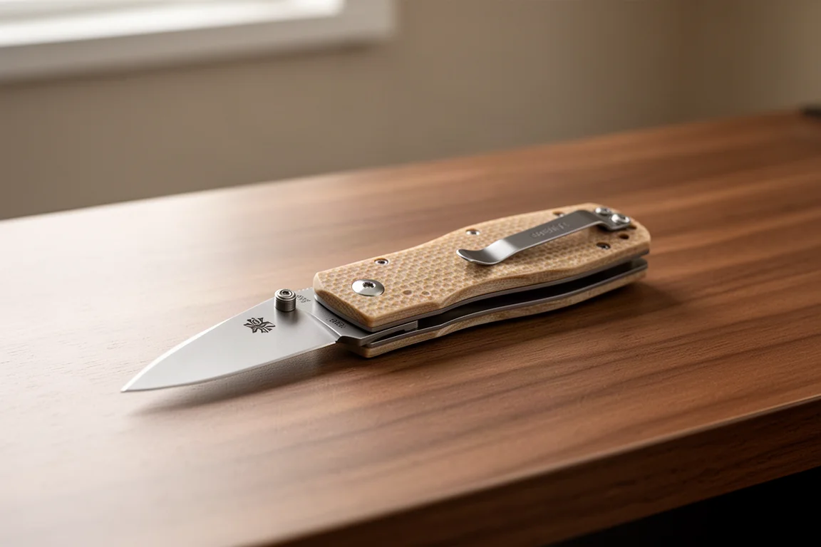 Coltello pieghevole con manico in Micarta color sabbia appoggiato su una scrivania in legno