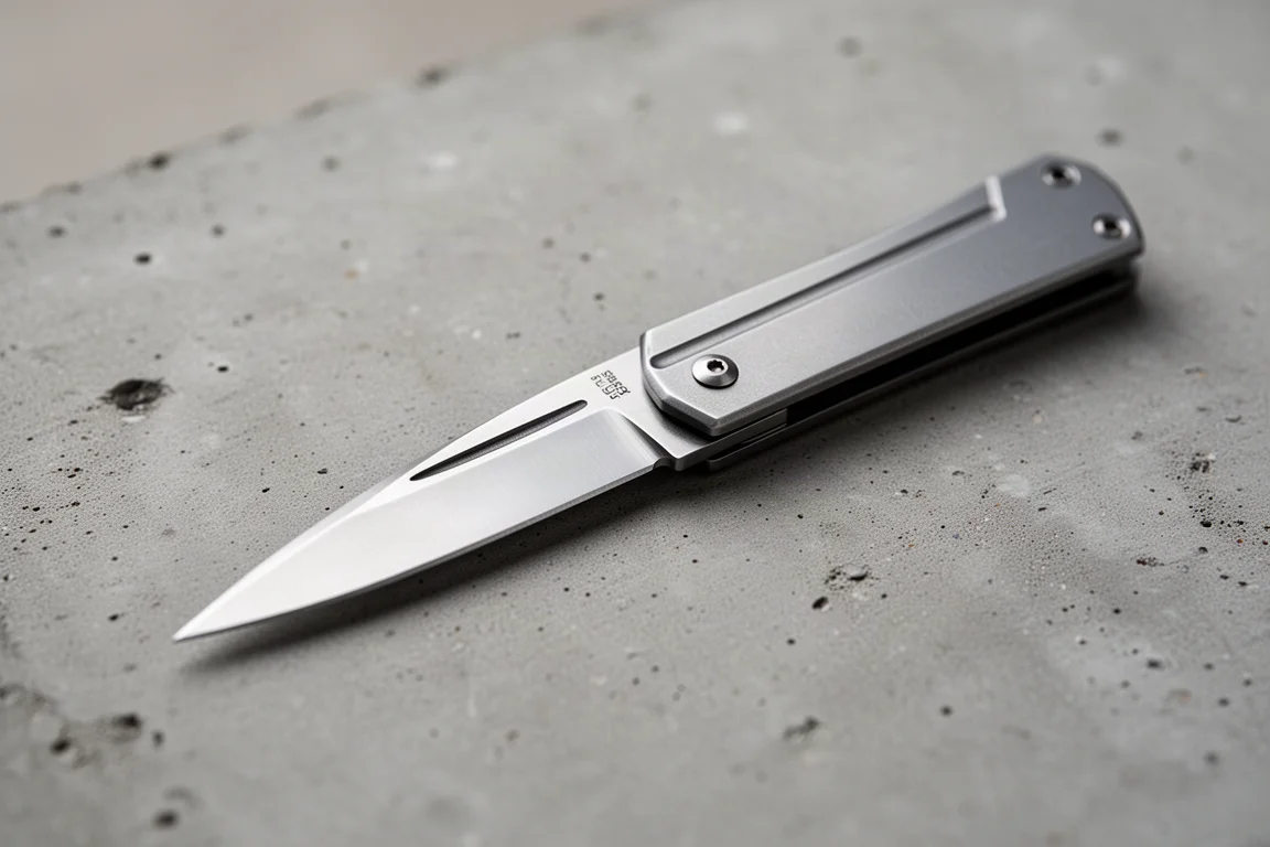 Lama spear point sottile di un coltello pieghevole che cattura una luce morbida su una superficie neutra