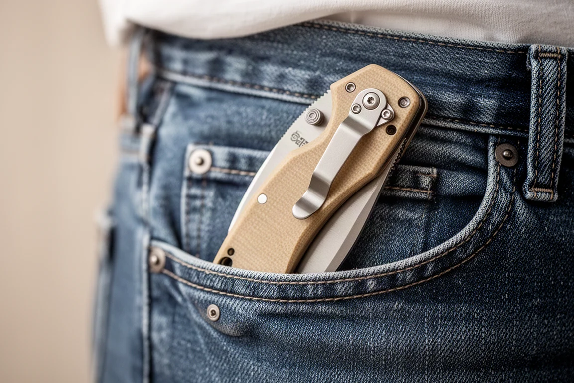 Coltello pieghevole con clip da tasca reversibile agganciata al bordo di una tasca di jeans