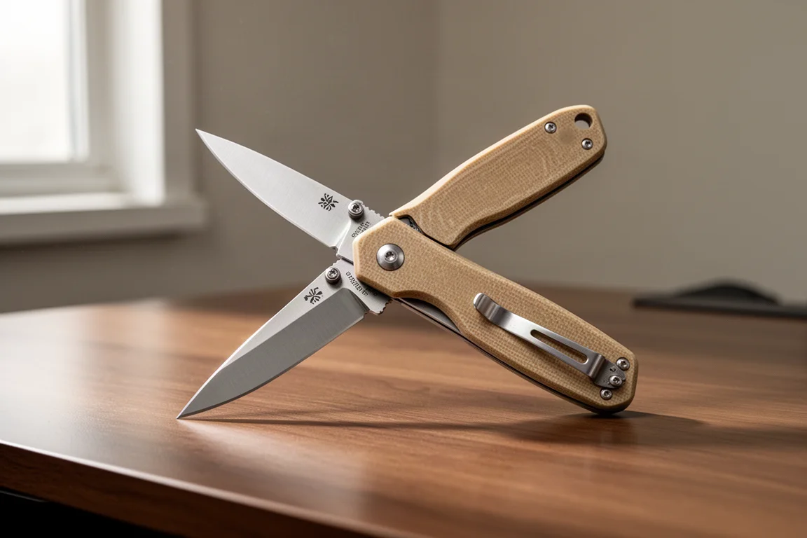Składany nóż Olight Metal 2 z beżową (desert tan) rękojeścią z mikarty (ang. Micarta) na drewnianym biurku