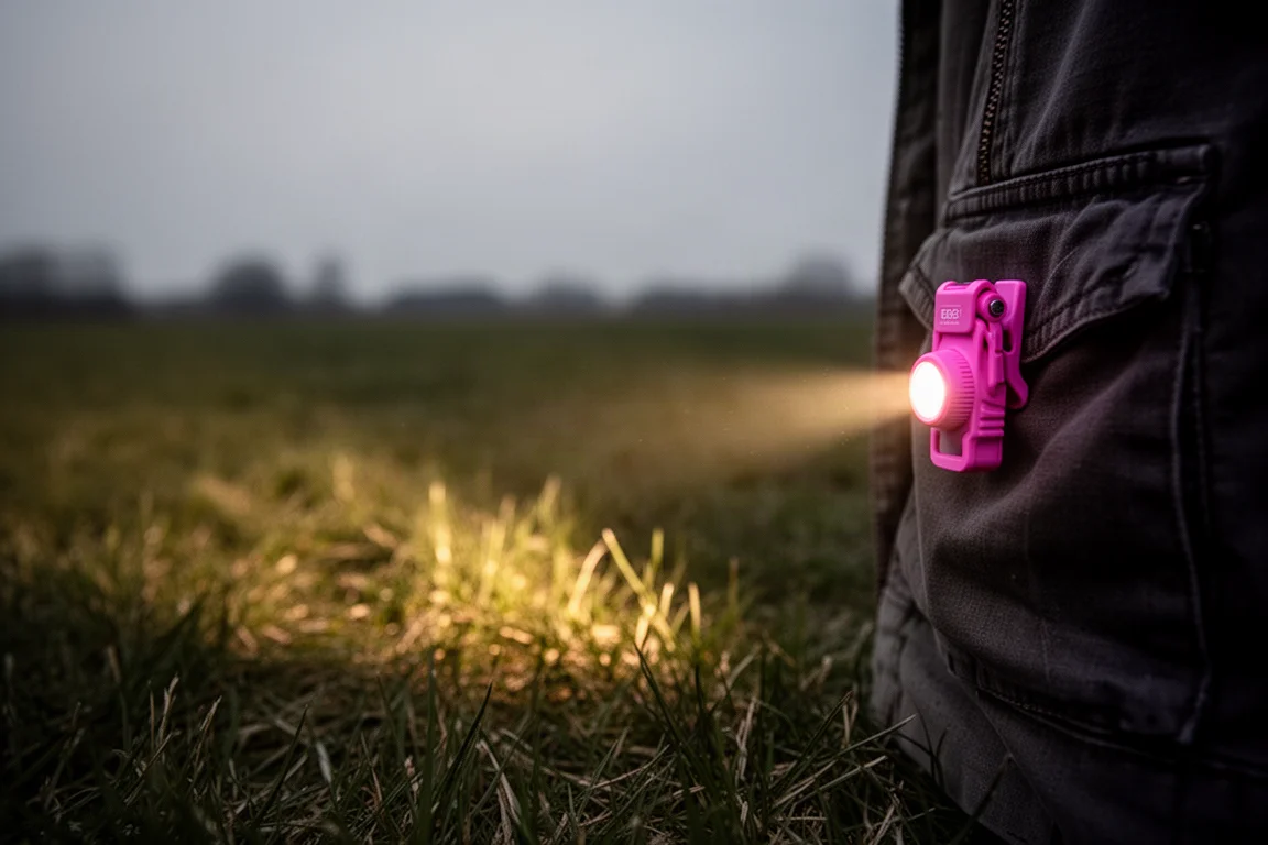 Pequeno clip light rosa projetando um feixe brilhante através de um campo escuro