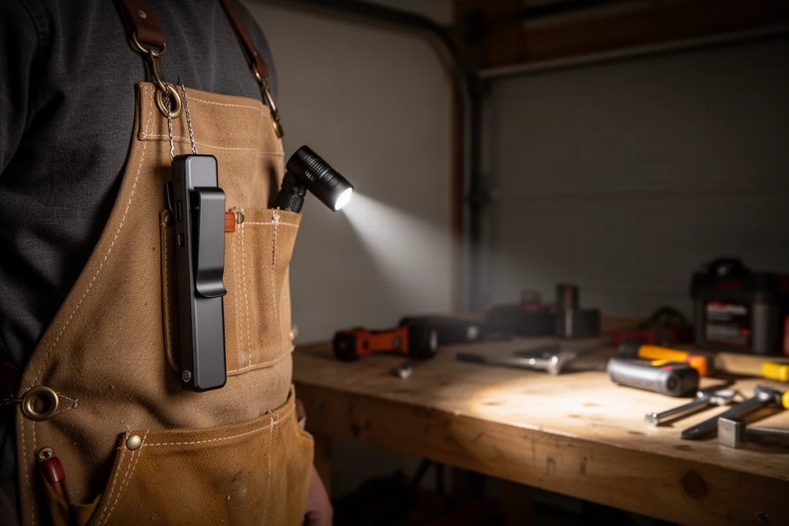 Lanterna plana de trabalho inclinada presa a um bolso projetando luz para baixo