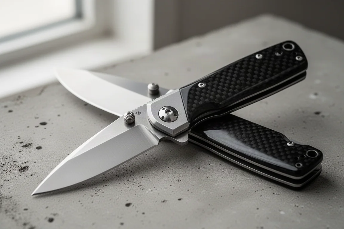 Carbon fiber folding knife with drop point blade lying open on concrete