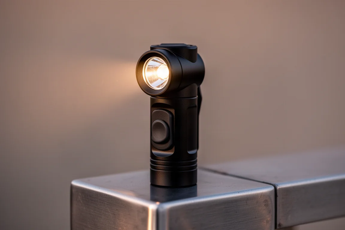 Compact black EDC flashlight with large side switch held at dusk
