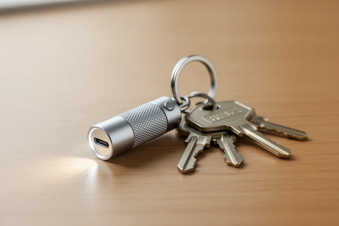 Tiny keychain flashlight attached to a house key ring